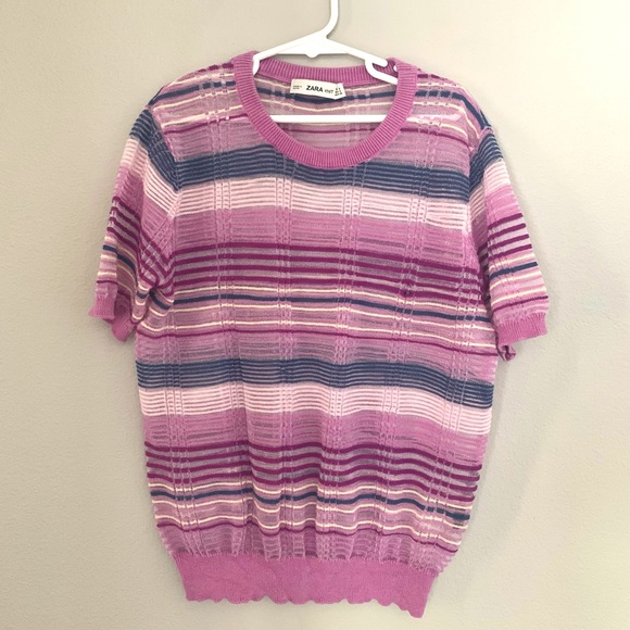 Zara knit shirt: Small purple, rose, blue,& yellow synthetic knitted sheer top - Picture 4 of 4